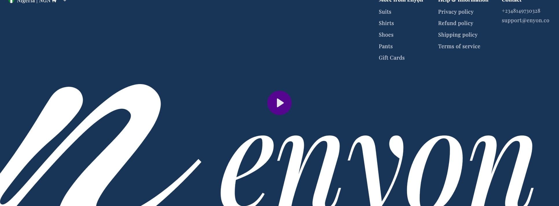 The Enyọn store footer, its oversized wordmark in white on navy