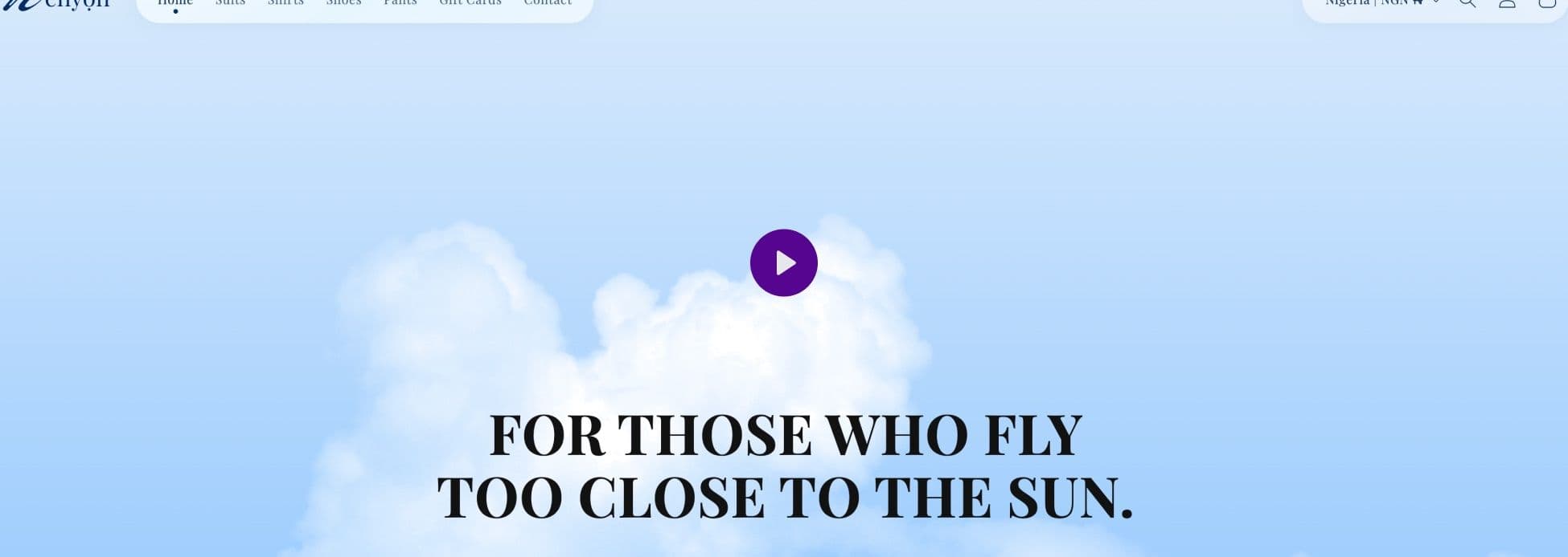 The Enyọn home page: “For those who fly too close to the sun” over a sky of clouds