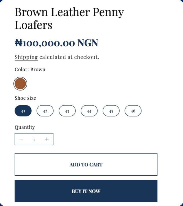 Enyọn product details: Brown Leather Penny Loafers, ₦100,000, with size and quantity pickers