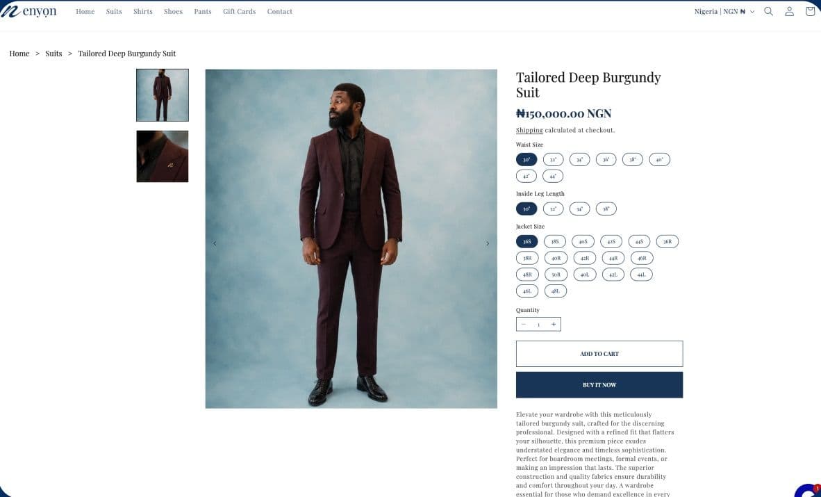 The Enyọn product page for a Tailored Deep Burgundy Suit