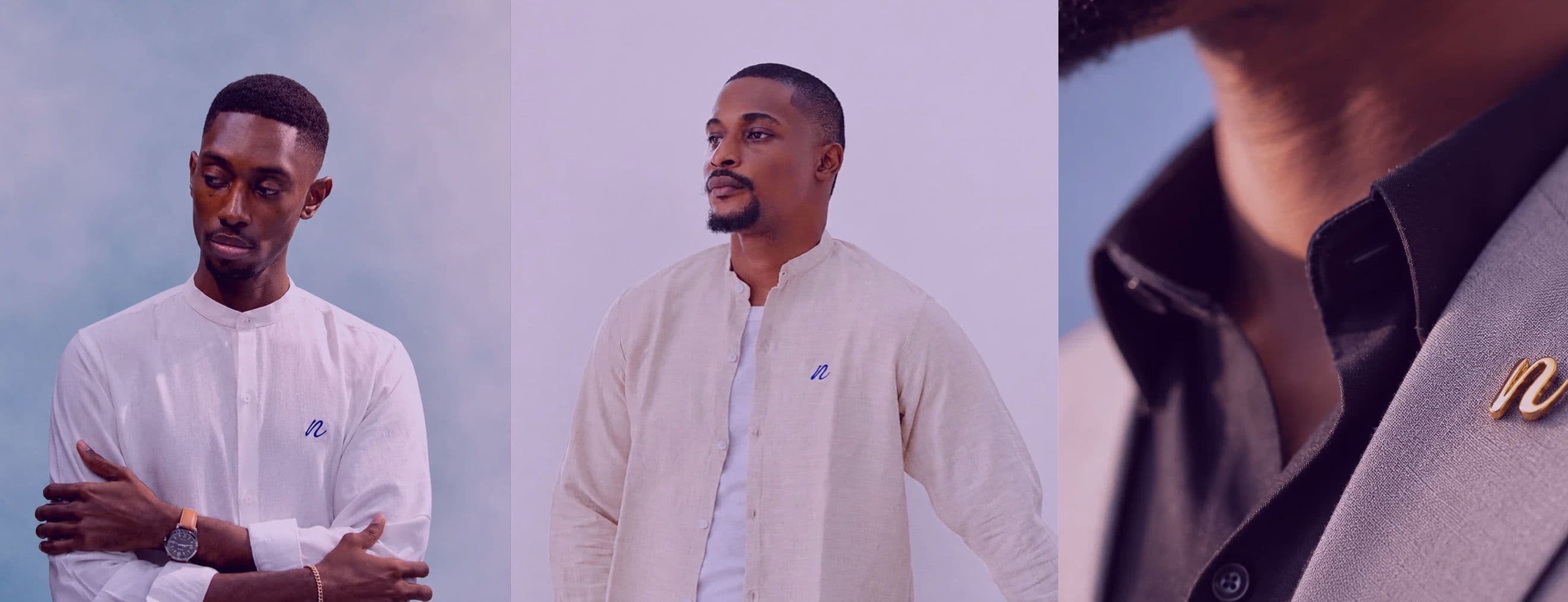 Enyọn linen shirts, worn by two models, and a gold n lapel pin