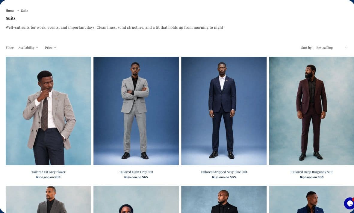 The Enyọn suits collection: a grid of tailored suits with filters and sort