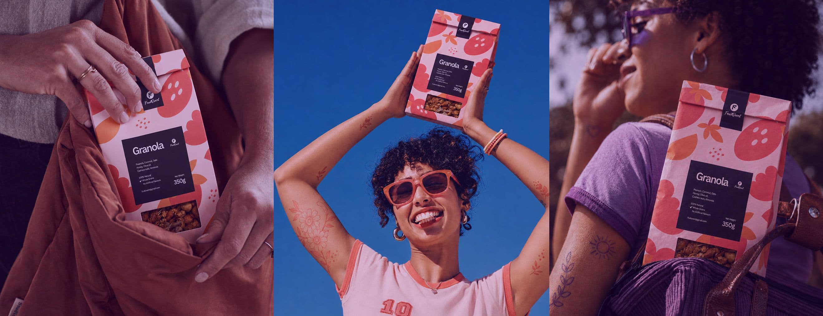 FruitOvert granola packs being held, raised overhead and carried in a backpack